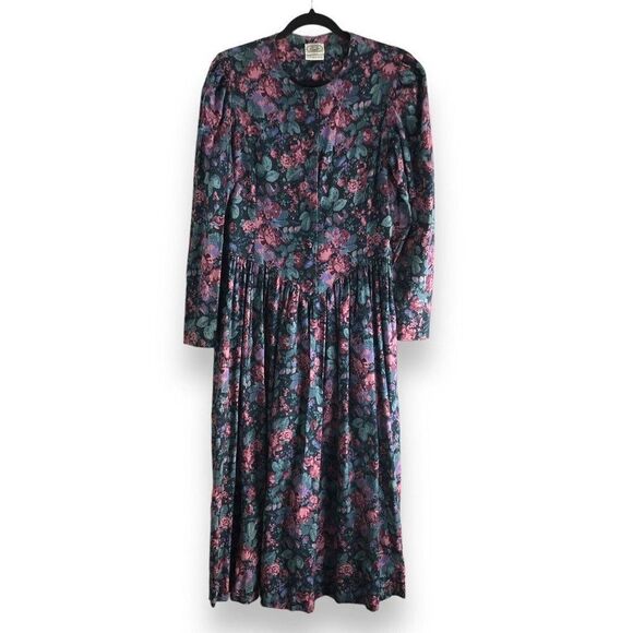 Laura Ashley Size USA 12 Floral Basque Waist Button Tea‎ Dress Made In Ireland - Picture 1 of 16
